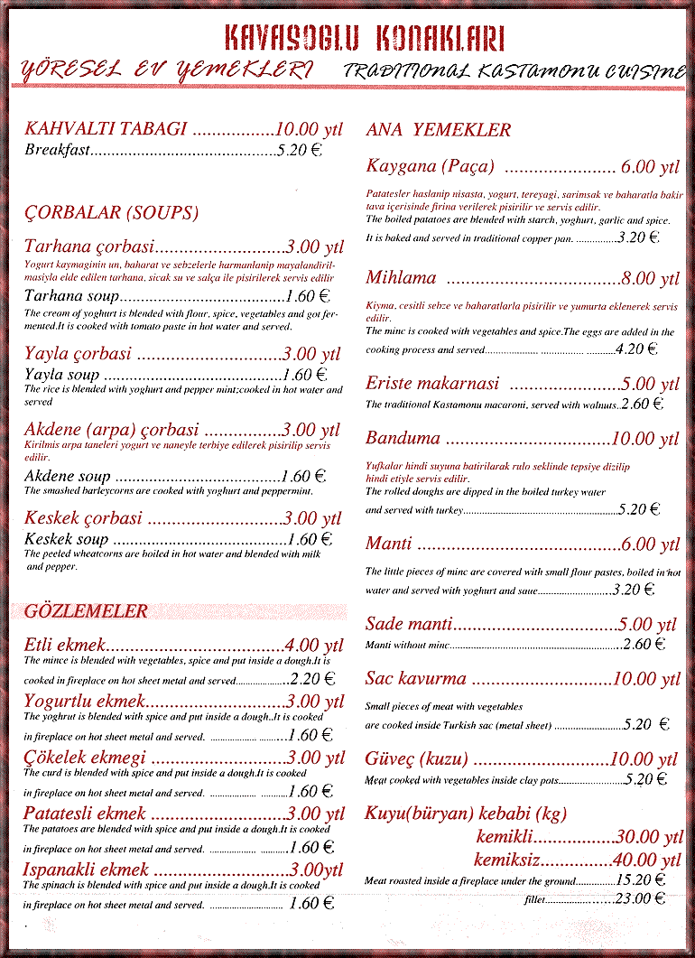 Kavasoğlu Konakları Restaurant Menü